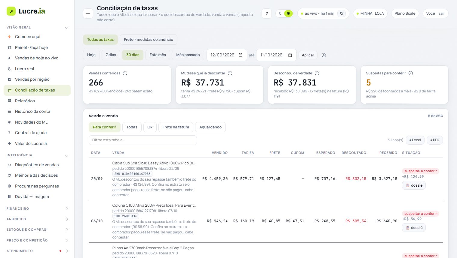 Tela de conciliação do Lucre.ia